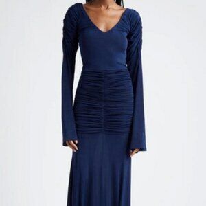 Orire Maya Blue Ruched Long Sleeve‎ Draped Maxi Gown